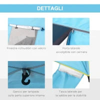 Tenda da Spiaggia Pop Up con Porta a Cerniera, in Poliestere e Fibra di Vetro, 220x173x120 cm, Blu Chiaro e Giallo