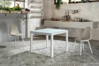 E-STYLO Tavolo allungabile con top in vetro temperato extra white e gambe in metallo bianco, 90cm X 90/163,5cm H. 76cm.