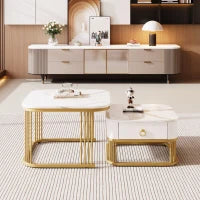 Set di Tavolini da Salotto Impilabili in Marmo Lucido con Dettagli Dorati e Cassetti, 60x60x45 cm + 50x50x34 cm, Bianco