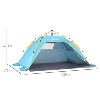 Tenda da Spiaggia Pop Up con Porta a Cerniera, in Poliestere e Fibra di Vetro, 220x173x120 cm, Blu Chiaro e Giallo