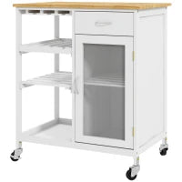 Carrello da Cucina con Ruote, Multi-Archiviazione, Armadio con Porta, Portabottiglie, Ripiani, Cassetto, Bianco