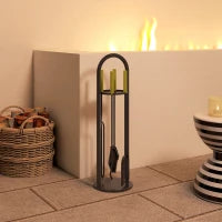 Set Utensili per Camino di 5 Pezzi in Metallo con Scopa Paletta Pinze Attizzatoio e Supporto 20x20x71 cm Dorato