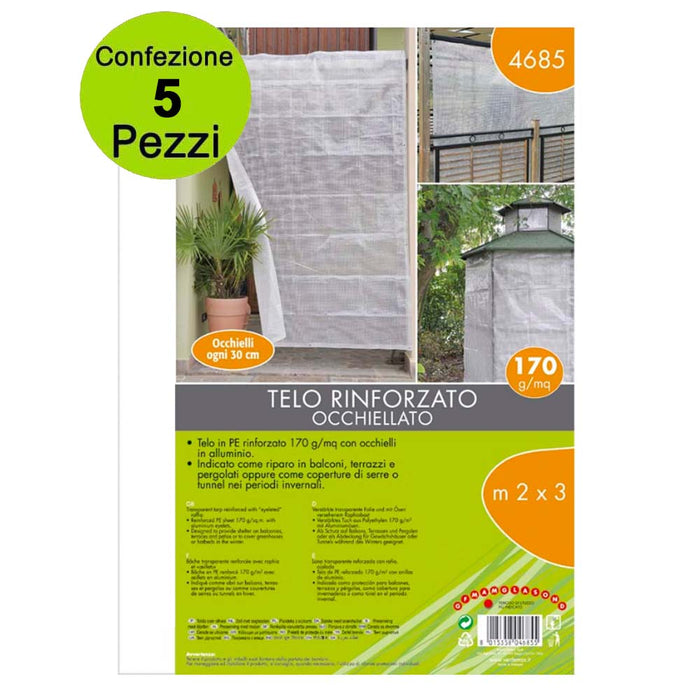 Multipack 5 pz telone occhiellato di protezione rinforzato in pe trasparente 170 g/mq 2x3 metri
