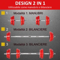 Set 2 in 1 Bilanciere e Manubri Pesi da 20kg, Dischi con Rivestimento in Plastica Antigraffio, Rosso e Nero