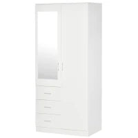 Armadio Moderno Guardaroba 2 Ante con Specchio e 3 Cassetti, Mensole Regolabili e Barra Appendiabiti, 80x50x180cm, Bianco