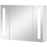 kleankin Armadietto Specchiera da Bagno con 3 Armadietti, 3 Ripiani e Luce LED, 90x15x65 cm, Bianco