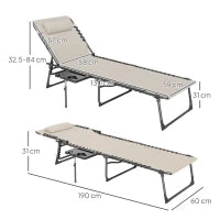 Sdraio Pieghevole e Reclinabile a 5 Livelli con Tavolino Laterale e Tasca, 60x190x31 cm, Crema