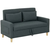 Divano 2 Posti con Spazio Portaoggetti e Cuscini, in Tessuto Effetto Lino e Legno, 135x72x84 cm, Grigio Carbone