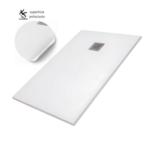 Piatto doccia mineral marmo resina antiscivolo h3,5 cm con piletta *** finitura- bianco opaco, misure l140 x p80 x h3...