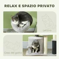 Albero per Gatti con Casetta, Lettino e Palline, in Truciolato, Sisal e Peluche, 60x39x87 cm, Grigio Chiaro e Crema