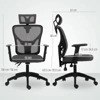 Sedia da Ufficio Ergonomica e Regolabile con Supporto Lombare e Poggiatesta, 66x61x106-116 cm, Grigio