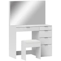 Set Tavolo da Trucco con Specchio e 5 Cassetti 97.2x44.5x136.5 cm e Sgabello Imbottito 40x24x46 cm, Bianco