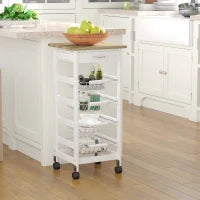 Carrello da Cucina con Scomparti Multipli su Ruote, 4 Cesti in Metallo, Cassetto, in Legno di Pino, 37 x 37 x 82 cm, Bianco
