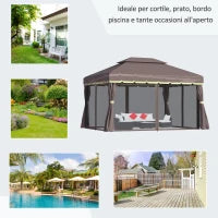 Gazebo da Giardino 3x4m con Doppio Tetto, Zanzariera e Tende, Alluminio e Poliestere, Color Caffè