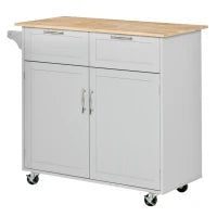 Carrello da Cucina Multiuso in Legno con 2 Cassetti, Armadietto e 4 Ruote, 104x46x91cm, Grigio