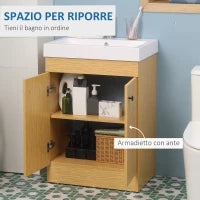 kleankin Mobile Bagno sotto Lavabo in Truciolato con Ripiani Regolabili e Lavello Curvo, 60x41.5x88 cm