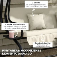 Dondolo Letto da Giardino con Tettuccio Regolabile e Vassoi, in Acciaio e Teslin, 200x120x164 cm, Crema