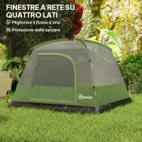 Tenda da Campeggio per 3 Persone Impermeabile con Tasca, Gancio per Lanterna e Borsa, 2x2x1.35m, Verde