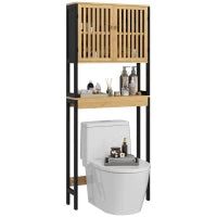 Mobile Sopra WC con Armadietto 2 Ante a Doghe e Ripiano Aperto, 60x21.5x172cm, Colore Legno