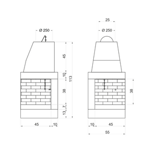 Camino a legna prefabbricato refrattario focolare aperto ds55ref reversibile