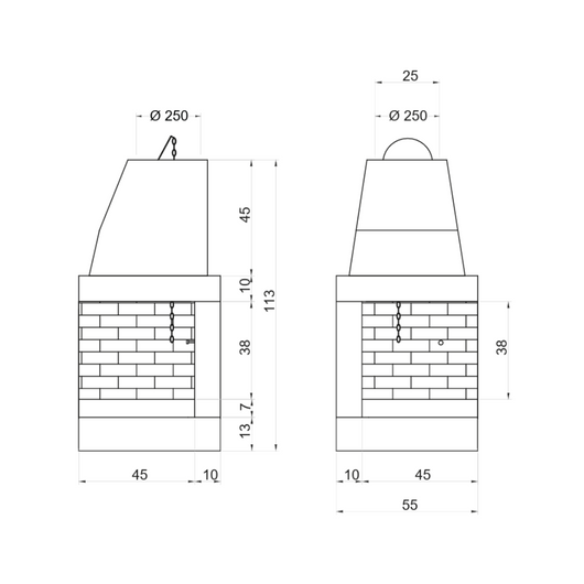 Camino a legna prefabbricato refrattario focolare aperto ds55ref reversibile