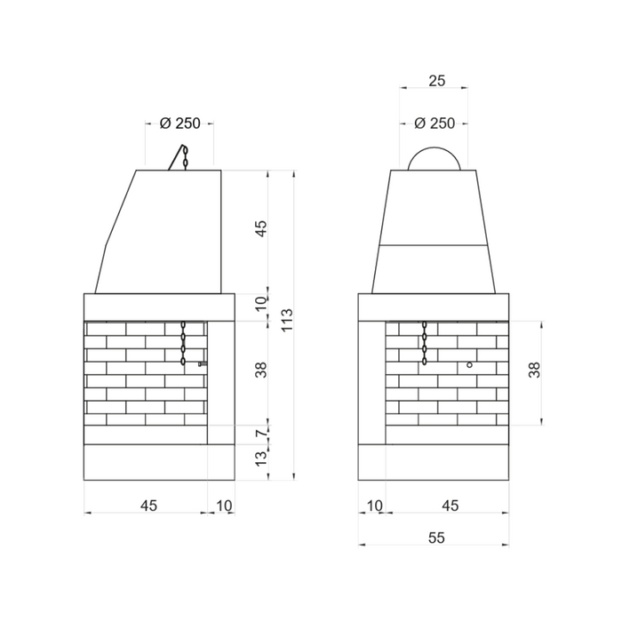 Camino a legna prefabbricato refrattario focolare aperto ds55ref reversibile