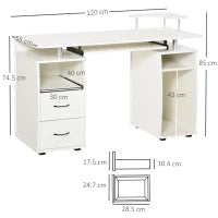 Scrivania per PC con Ripiano per Tastiera e per Monitor e 2 Cassetti, 120x55x85 cm, Bianca