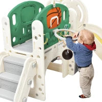 Scivolo combinato per bambini con scivolo lungo, scatola portaoggetti, tunnel, scala a pioli e canestro da basket, facile da montare e comodo da riporre, 152×186×110 cm,Verde Antico