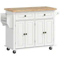 Carrello da Cucina con 2 Cassetti e 2 Armadietti, Isola da Cucina con Piano in Legno, Portaspezie e Porta Canovacci, Bianco