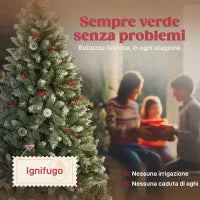 Albero di Natale Alto 210 cm da Interno con 928 Rami, Pigne e Bacche Rosse, Base in Metallo, Verde