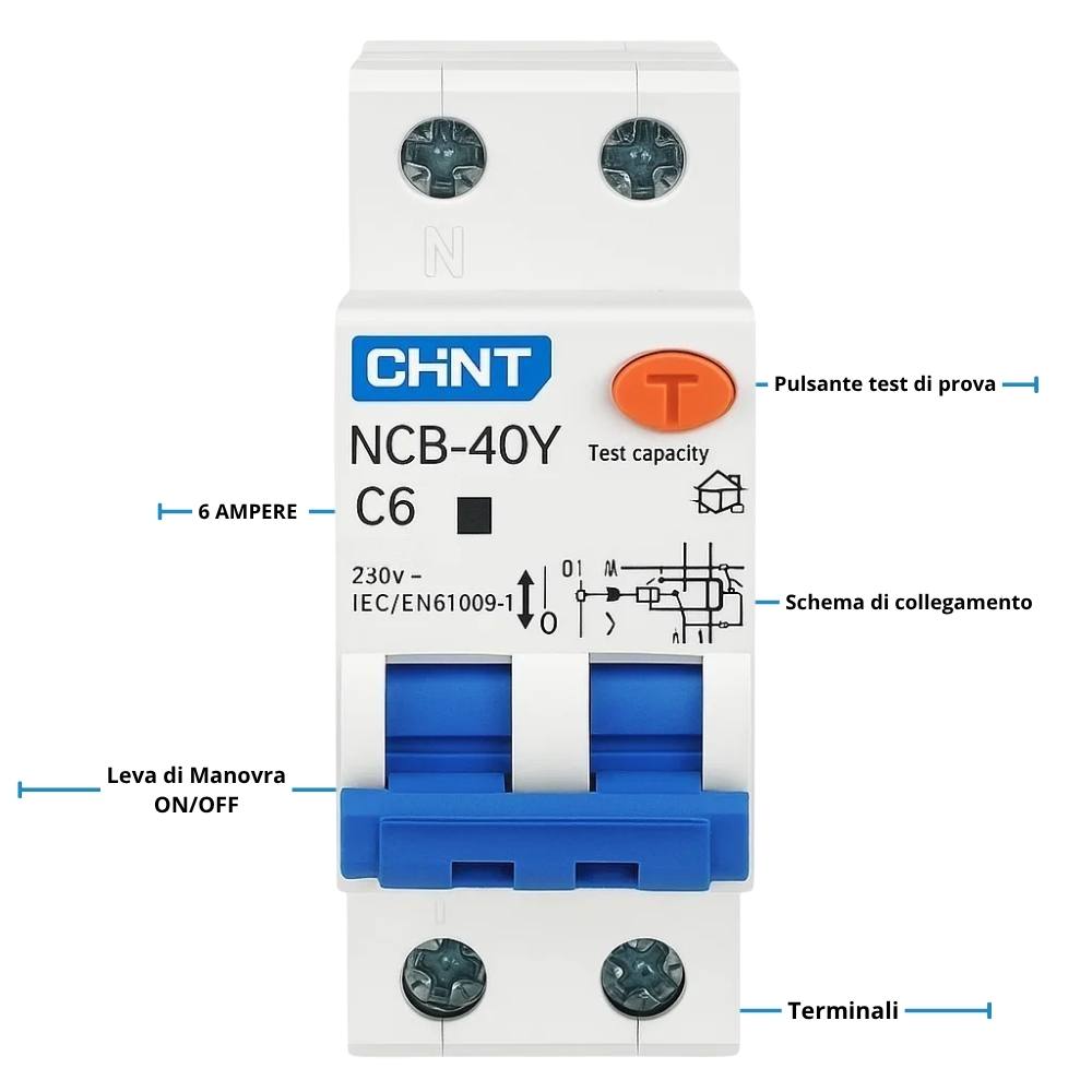 Chint 519867 nxbl40y c6 1p+n 6a 30ma 4,5ka interruttore magnetotermico