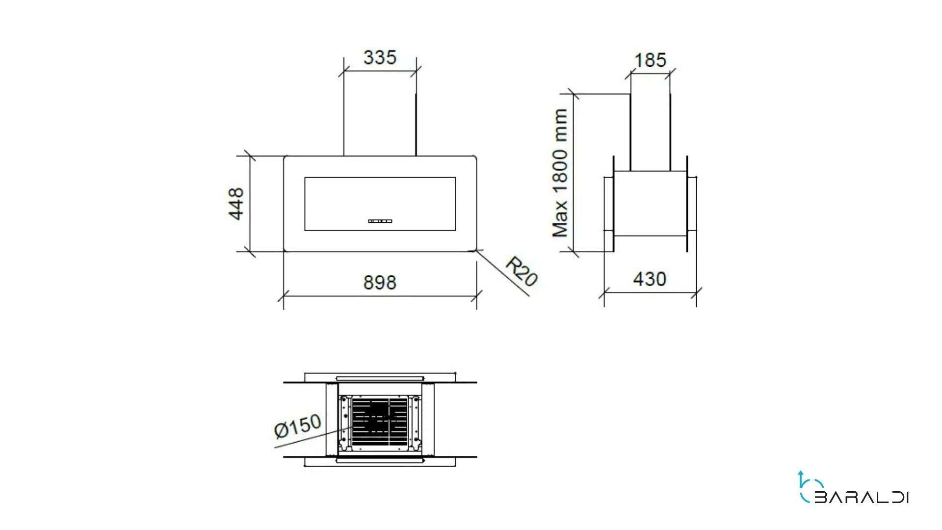 CAPPA TRISIA APPESA cm 90x43 - Inox, vetro Bianco - 800 m3/h