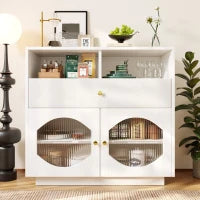 Credenza da cucina con ante in vetro, ampio spazio di stoccaggio, design moderno, 100×40×90,5 cm, Bianco