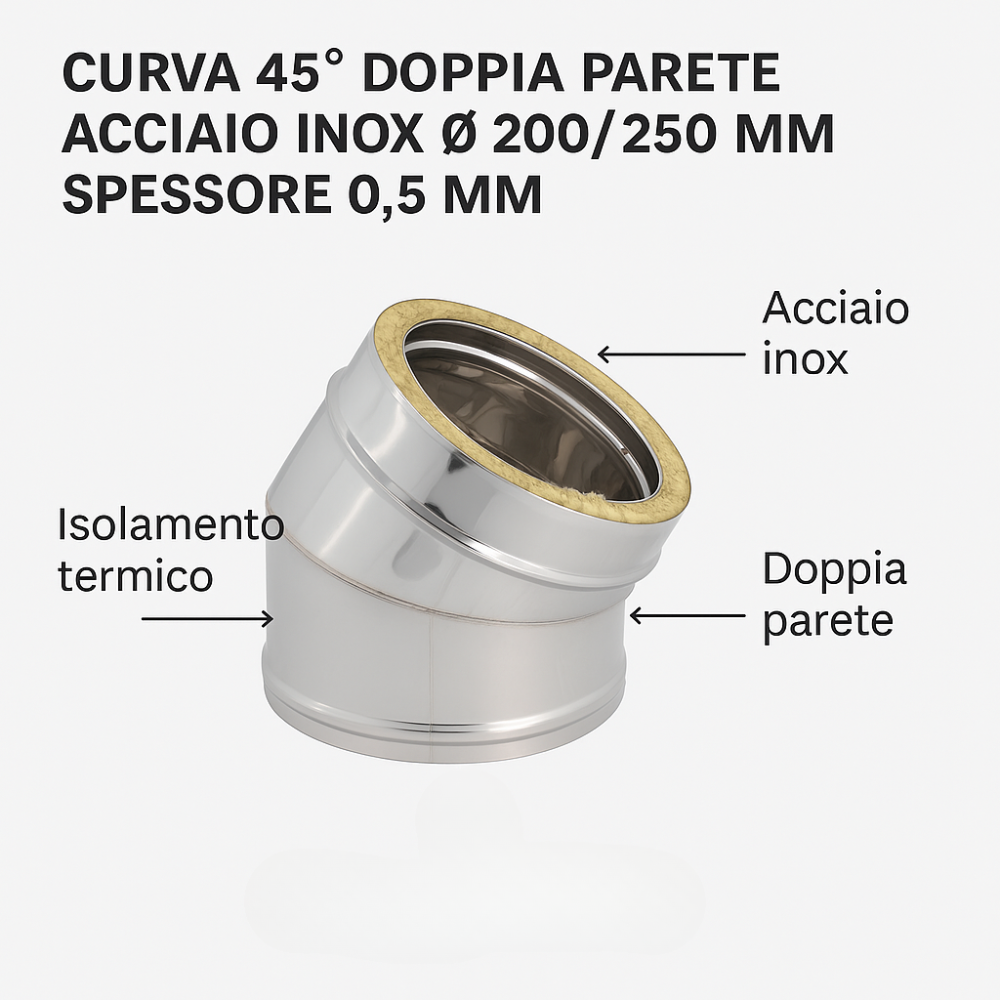 Curva 45° doppia parete acciaio inox Ø 200/250 mm spessore 0,5 mm canna fumaria