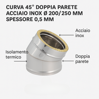 Curva 45° doppia parete acciaio inox Ø 200/250 mm spessore 0,5 mm canna fumaria