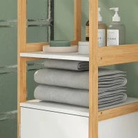 Colonna Bagno Salvaspazio in Bambù con Ripiani Aperti e 2 Armadietti con Apertura a Pressione, Bianco