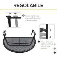 Tavolino da Ringhiera Pieghevole con 3 Altezze Regolabili in Metallo, 60x45x50cm, Nero