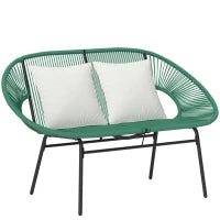 Panchina da Giardino da 2 Posti in Acciaio e Corda in Resina con 2 Cuscini, 132L x 72l x 83H cm, Verde Scuro