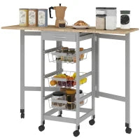 Carrello da Cucina con 3 Cestini, Cassetto e 2 Ribalte, in Legno e Metallo, 37x37x77.5 cm, Grigio e Rovere