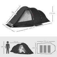 Tenda da Campeggio 3 Posti con 2 Stanze Interne con Finestre e Coperture, 475x264x172 cm, Nero