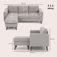 Divano ad angolo reversibile in velluto a coste, 3 posti con penisola, telaio in acciaio, 192x137x84cm, Grigio chiaro