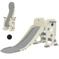 Scivolo per Bambini Pieghevole con Canestro e Palla da Basket, in PP e HDPE, 146x52x65 cm, Grigio e Crema