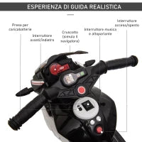 Moto Elettrica per Bambini 3-5 Anni Max. 25kg con Luci, Musica, Batteria 6V e Velocità 3km/h, 86x42x52 cm, Nero