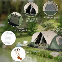Tenda da Campeggio 6 Posti con 2 Stanze Separate, Poliestere e Fibra di Vetro, 450x215x180 cm, Verde Scuro
