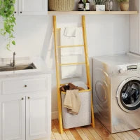 Mobile da Bagno in Bambù con Porta Asciugamani a 3 Barre e Cesto per Biancheria Sporca Rimovibile da 48 L, Crema