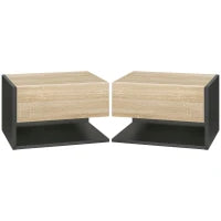 Set di 2 Comodini da Parete con Cassetto Scorrevole, Scaffale, Bicolore Effetto Rovere, Nero