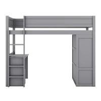 Letto a soppalco per bambini 6+ anni, 90x200 cm, con armadio, scrivania e cassetti, senza materasso, Grigio
