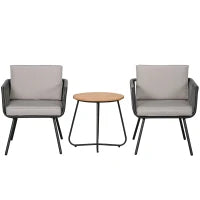 Set da giardino in rattan sintetico 3 pezzi con 2 poltrone e tavolino, cuscini inclusi, struttura in acciaio, grigio