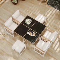 Set da pranzo da esterno a 7 pezzi con tavolo in vetro temperato, intreccio in rattan, cuscini, per 6 persone, Nero e Bianco