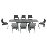Salotto da Giardino con Tavolo Estensibile 135-270 cm e 8 Sedie Impilabili in Alluminio e Textilene, per 6/10 Persone, Grigio